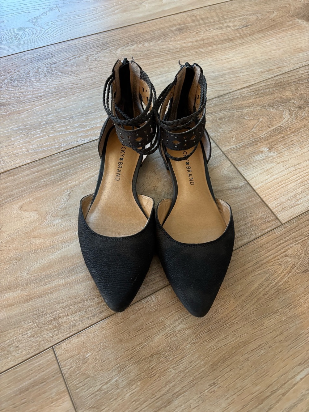 Lucky Brand  Black Pointed Toe Ankle-Strap Flats with Braided Detail